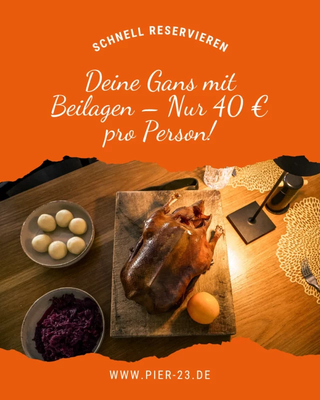 Traditionell & unwiderstehlich: Ist deine Gans schon bestellt? 🍽️

Eine ganze Gans, am Tisch tranchiert, mit saftigen Klößen, würzigem Rotkohl und aromatischer Orangensauce. Ein Festmahl für dich und deine Liebsten – mit bestem Blick auf den Leeraner Hafen.

Reserviere jetzt auf unserer Website pier-23.de

#Pier23 #GanzeGans #Festessen